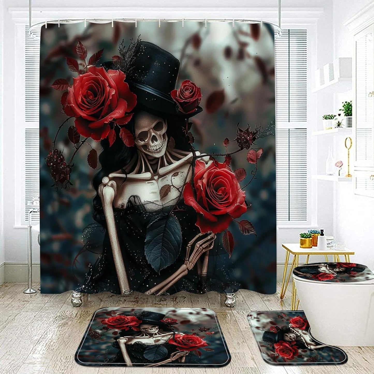 NEWSUYAA Halloween Decorations Shower Curtain Set with Non-Slip Rugs and Bath Mats,Black Skull Skeleton Bathtub Curtains with 12 Hooks,All Saints'Day (Nov 1st) Bathroom Decor