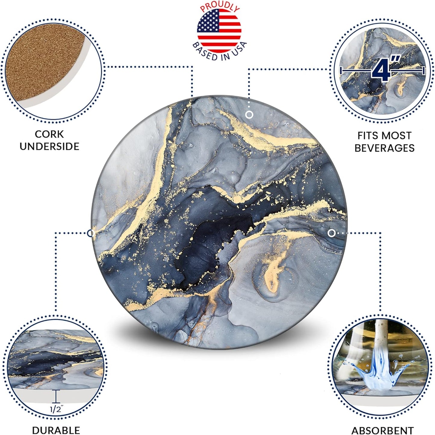 Emerson Coasters for Drinks Absorbent – Saucers Coffee Table Set of 6 with Holder, Wooden Tabletop Protection Marble Style 100% Ceramic - Non-Slip & Cork Bottom - Heavy Duty Drink Coasters (Riptide)