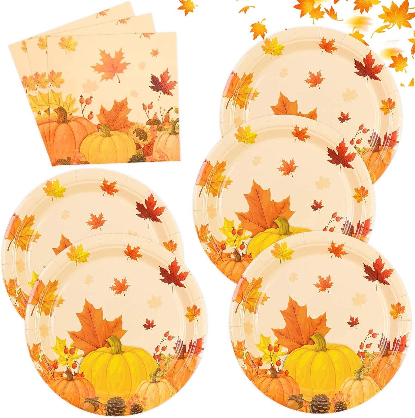 50PCS Fall Maple Leaves Paper Plates and Napkins - Thanksgiving Dessert Plates and Napkins Disposable Autumn Theme Party Supplies for Fall Thanksgiving Harvest Birthday