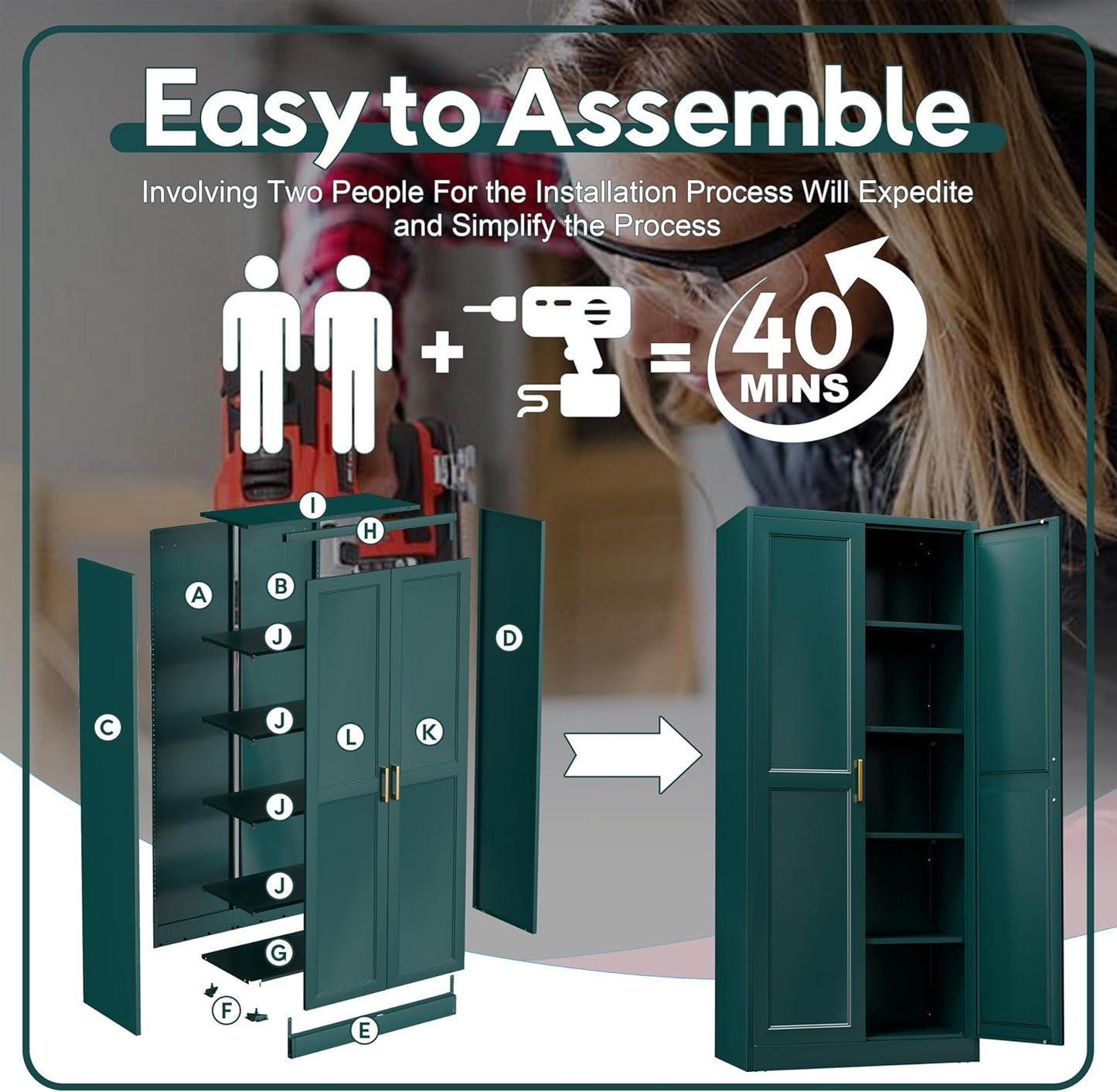 71" Storage Cabinet, Metal Pantry Cabinet, Kitchen Pantry Storage Cabinets with Doors and 4 Shelves, Cabinets for Laundry Room, Living Room, Dinning Room, Assembly Required, Green