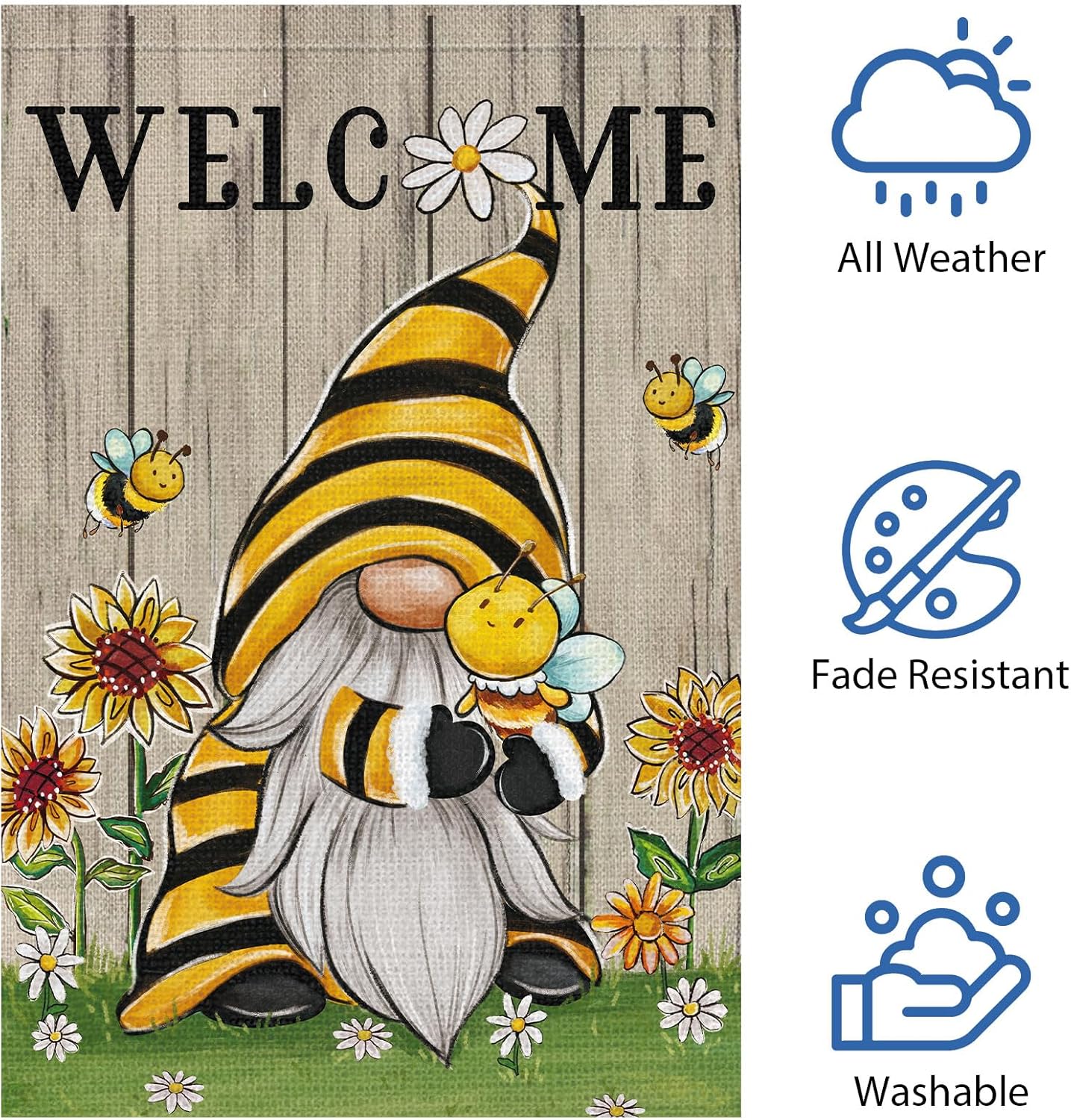 Welcome Summer Gnome Garden Flag Spring Summer Bee Sunflower Yard Flag 12x18 Double Sided Burlap Daisy House Flag for Rustic Seasonal Outside Outdoor House Decoration (ONLY FLAG)