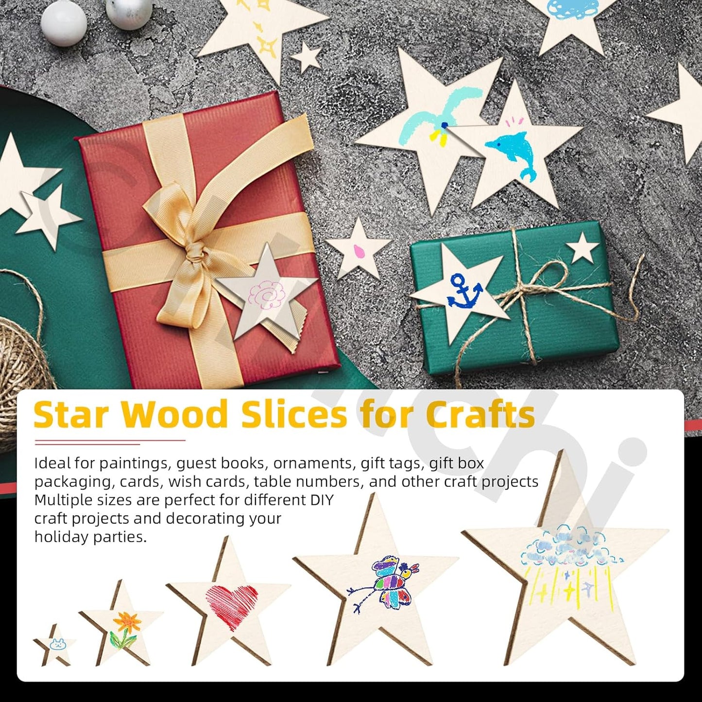 Hilitchi 300Pcs 5Sizes Unfinished Wooden Stars Wood Stars Craft Unfinished Wooden Stars Ornanents Wooden Stars Shape Blank Wood Ornaments Cutout Blank Wood for DIY Art Crafts Home Decorations
