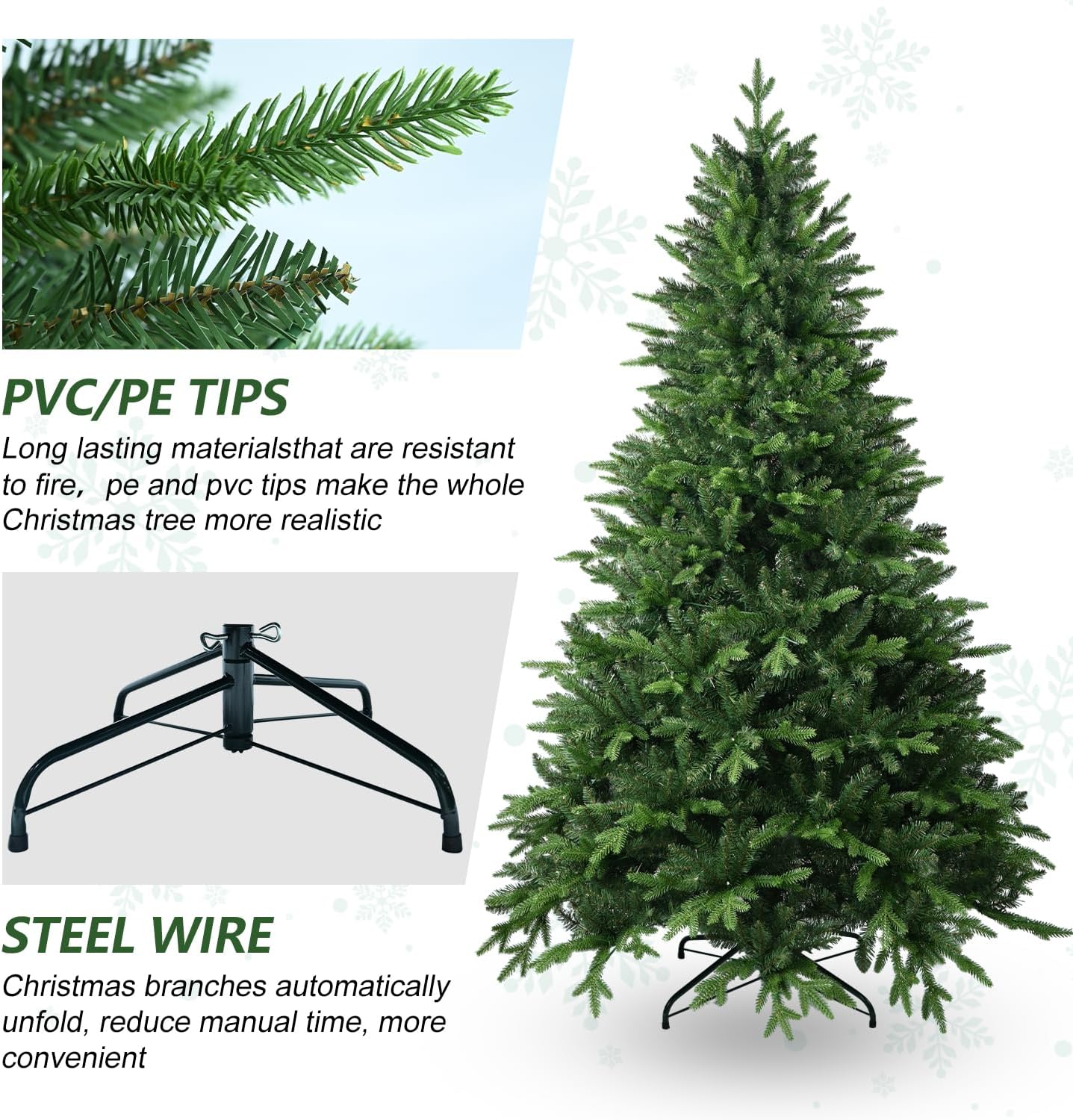 6FT Artificial Christmas Tree with 1413 PE&PVC Mixed Branch Tips, Unlit Hinged Premium Spruce Fake Xmas Trees, Green, Foldable Base