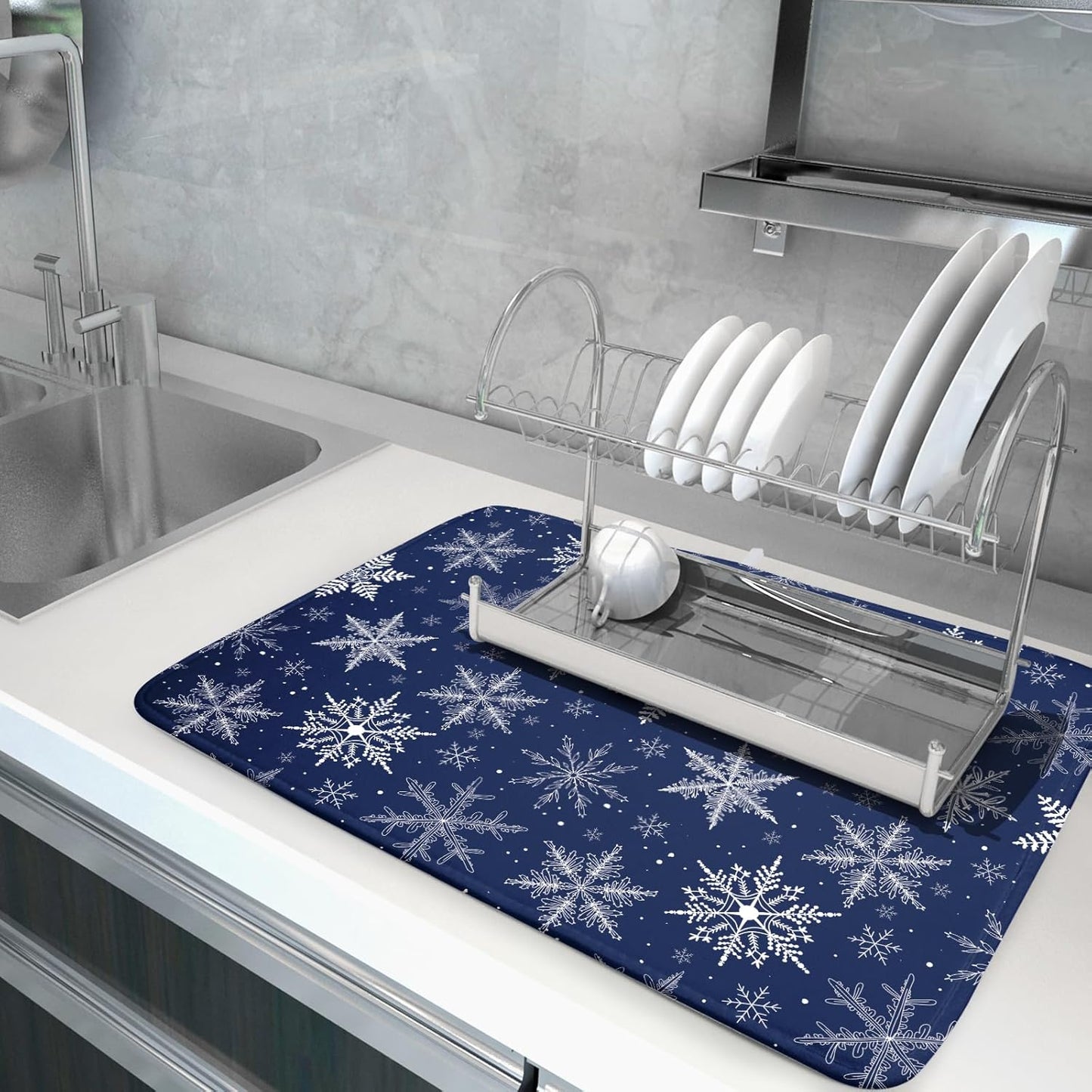 Winter Blue Snowflake Dish Drying Mat for Kitchen Counter Holiday Super Absorbent Reversible Microfiber Kitchen Countertop Protector Dishes Pad Large 18x24 inch