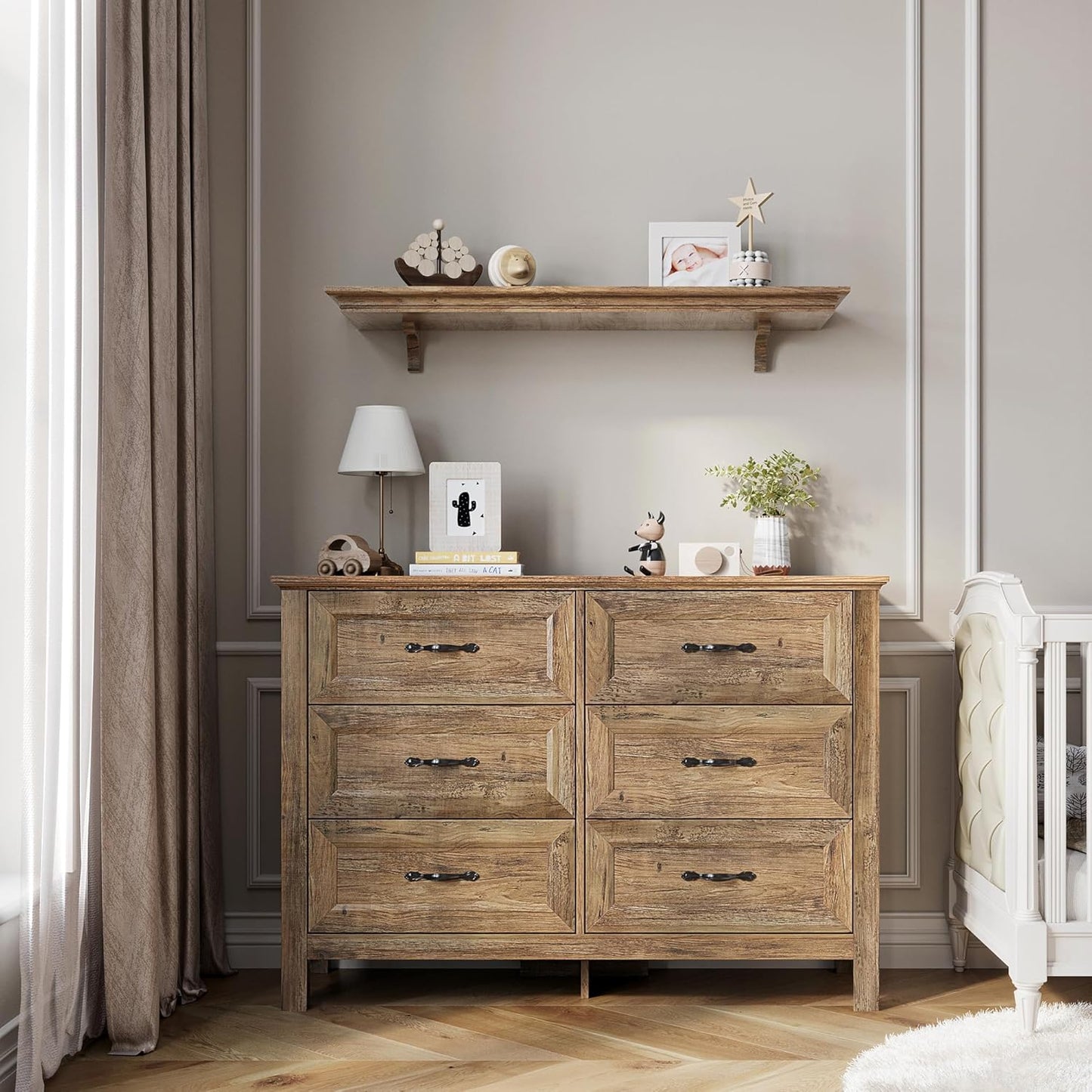 LINSY HOME 6 Drawer Double Dresser for Bedroom, Modern Farmhouse Wide Chest of Drawers, Dressers Organizer for Living Room, Closet, Hallway, Rustic Brown