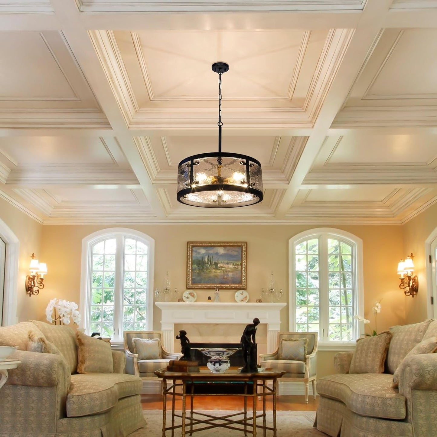 20" Farmhouse Round Black Chandelier, 5-Light Rustic Dining Room Light Fixtures Over Table, Industrial Glass Chandeliers for Dining Kitchen Living Room, Clear Waterglass Drum Shade