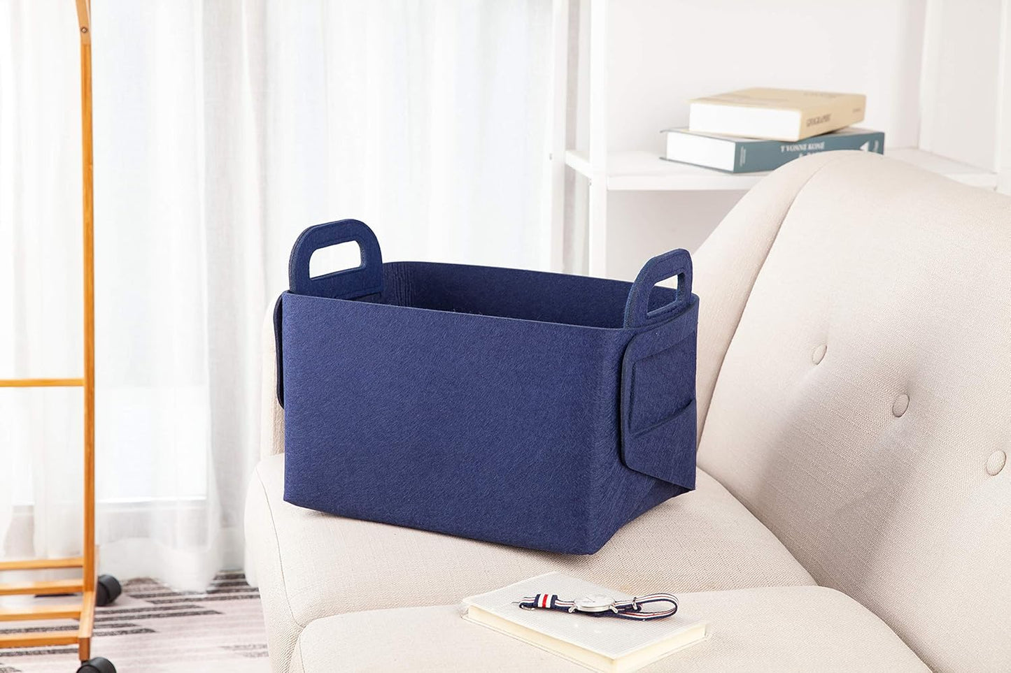 Minoisome Storage Basket Felt Storage Bin Collapsible& Convenient Box Organizer with Carry Handles for Office Bedroom Closet Babies Nursery Toys Laundry (Navy Blue, 13.8inch（L）×9.5inch（W）×8.3inch（H）)