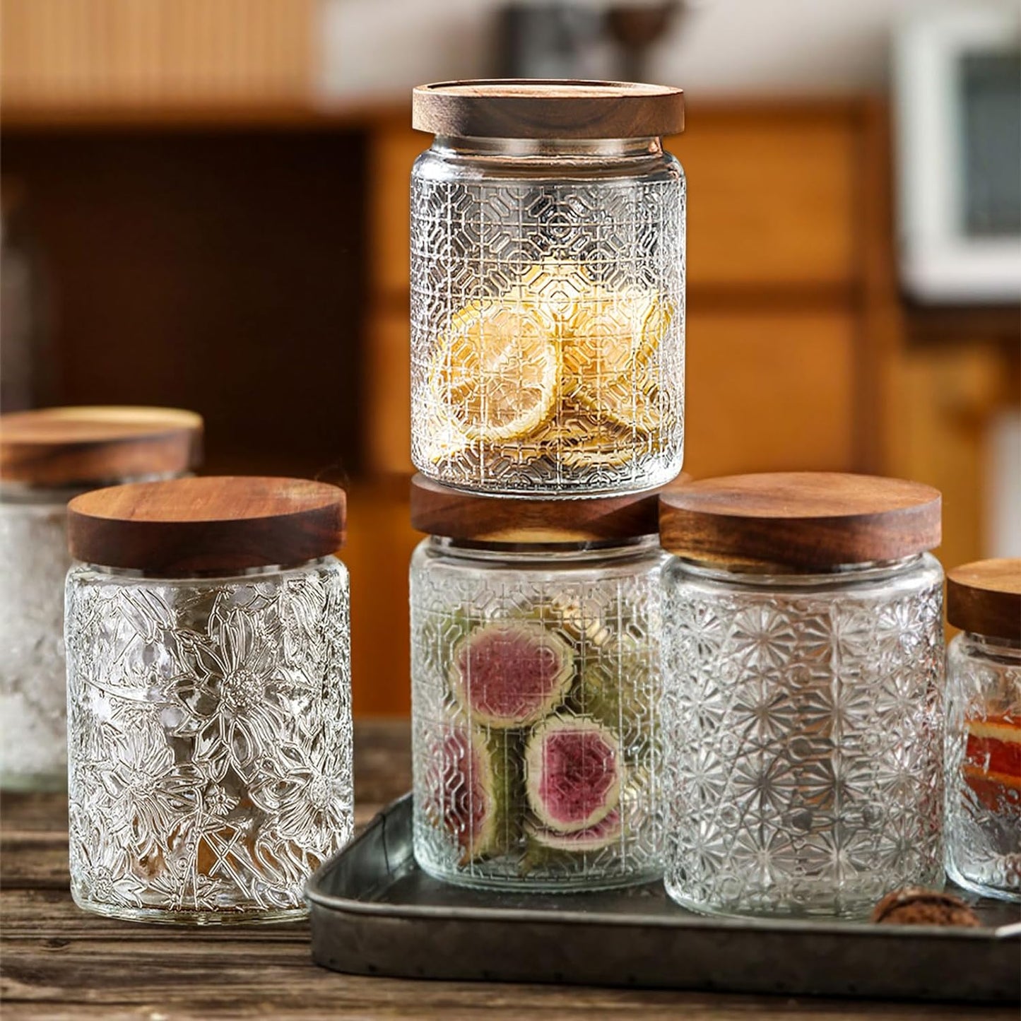 Vintage Glass Jars with Wooden Lids, 6 Pack 24 oz Airtight Glass Food Storage Containers Sets for the Kitchen, Sugar Coffee Candy Spice Cookie Tea Pasta