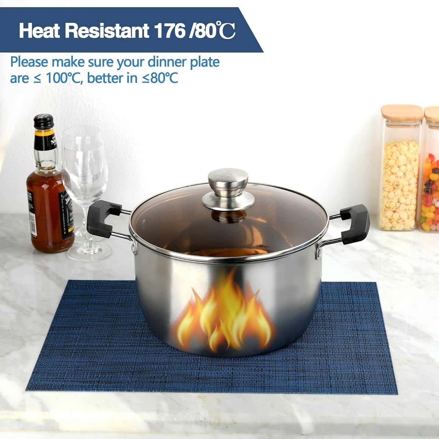 Navy Blue Placemats Set of 8 - Easy Clean Washable Vinyl Placemats - Wipeable Heat Resistant Table Mats for Dining Table - 17x12 Inch (Navy Blue, 8)