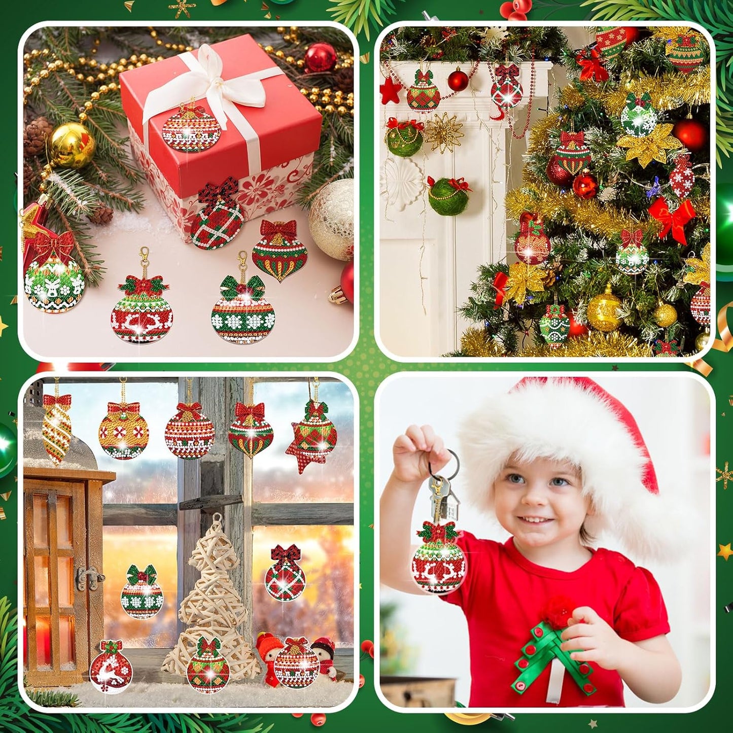 Tondiamo 20 Pcs Christmas Diamond Painting Keychain Kits 5D DIY Diamond Art Pendants Double Sided Hanging Key Chains for Christmas Party Decoration DIY(Balls Style)