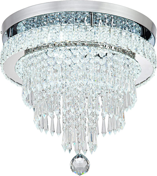 16“ Crystal Chandeliers Light Flush Mount Ceiling Light Fixtures Round Modern LED Chandelier for Living Room Bedroom Dining Room Closet Hallway (Cool White)