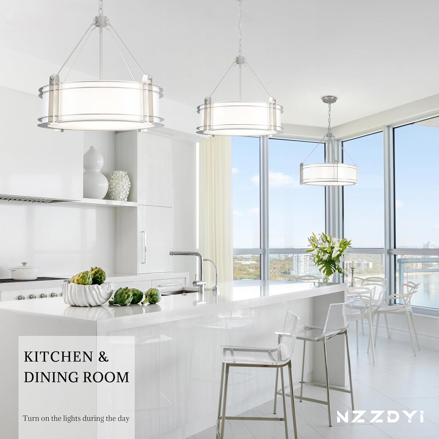 20.4''Drum Chandelier,5-Light Brushed Nickel Modern White Fabric Chandeliers,Farmhouse Round Pendant Light Fixture for Dining Room Kitchen Island Living Room Bedroom Hallway