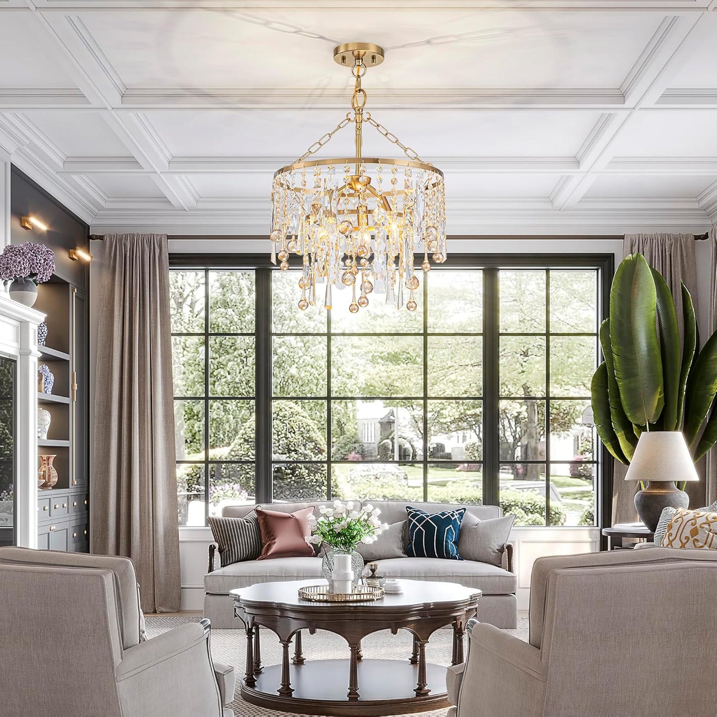 3-Lights K9 Crystal Chandeliers, Luxury Vintage Pendant Light Fixture for Dining Room, Living Room, D15*H20.4~66.8 inch (Adjustable), Clear Crystal & Gold Finish