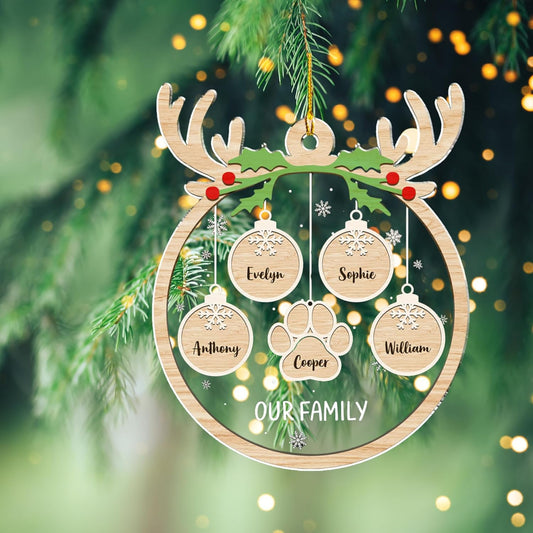 Personalized Family Christmas Acrylic Ornament 2024 - Custom Name Charms Family Members up to 10 People and Pets, Paw Charm Ornament Gifts for Family Tree Decoration (A01, 10 Names)