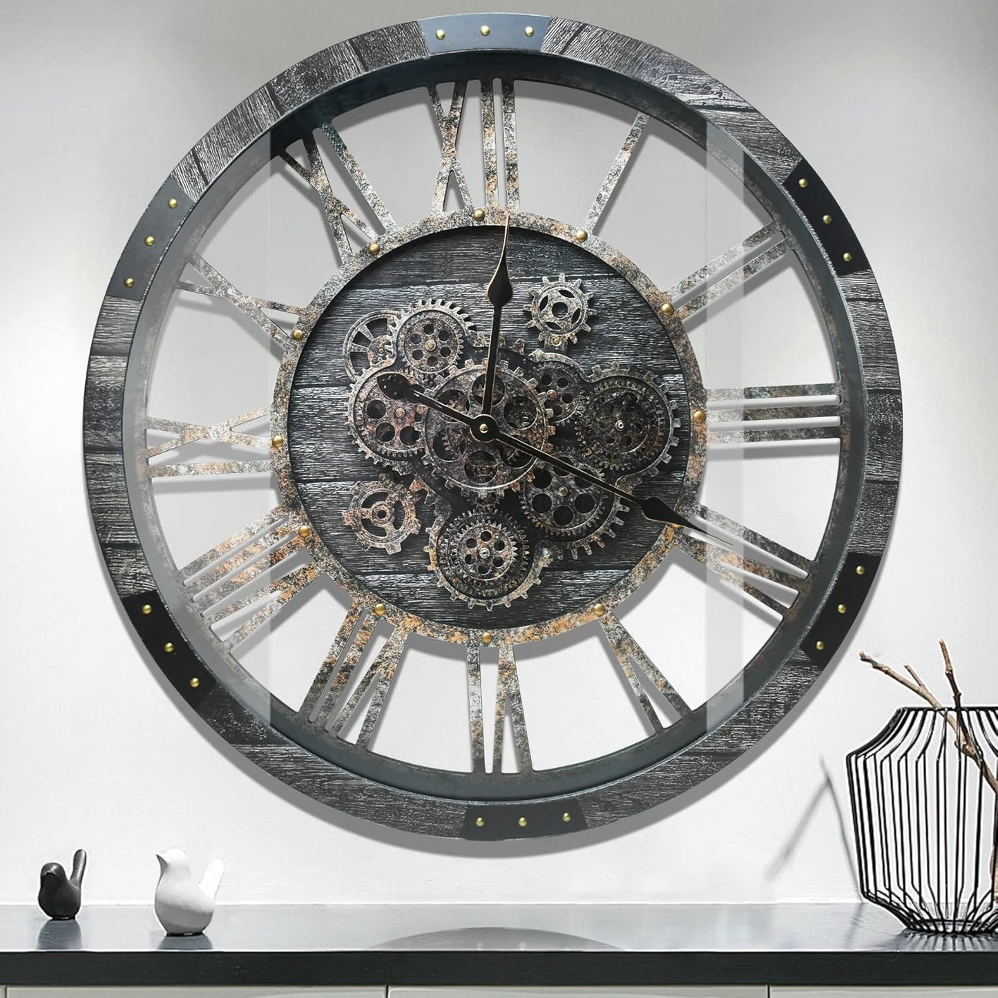 DORBOKER 27" Real Moving Gears Large Wall Clock with Toughened Glass Cover, Giant Wood Farmhouse Clock, Oversized Vintage Industrial Rustic Clock for Living Room Decor Home Kitchen (Carbon Grey)