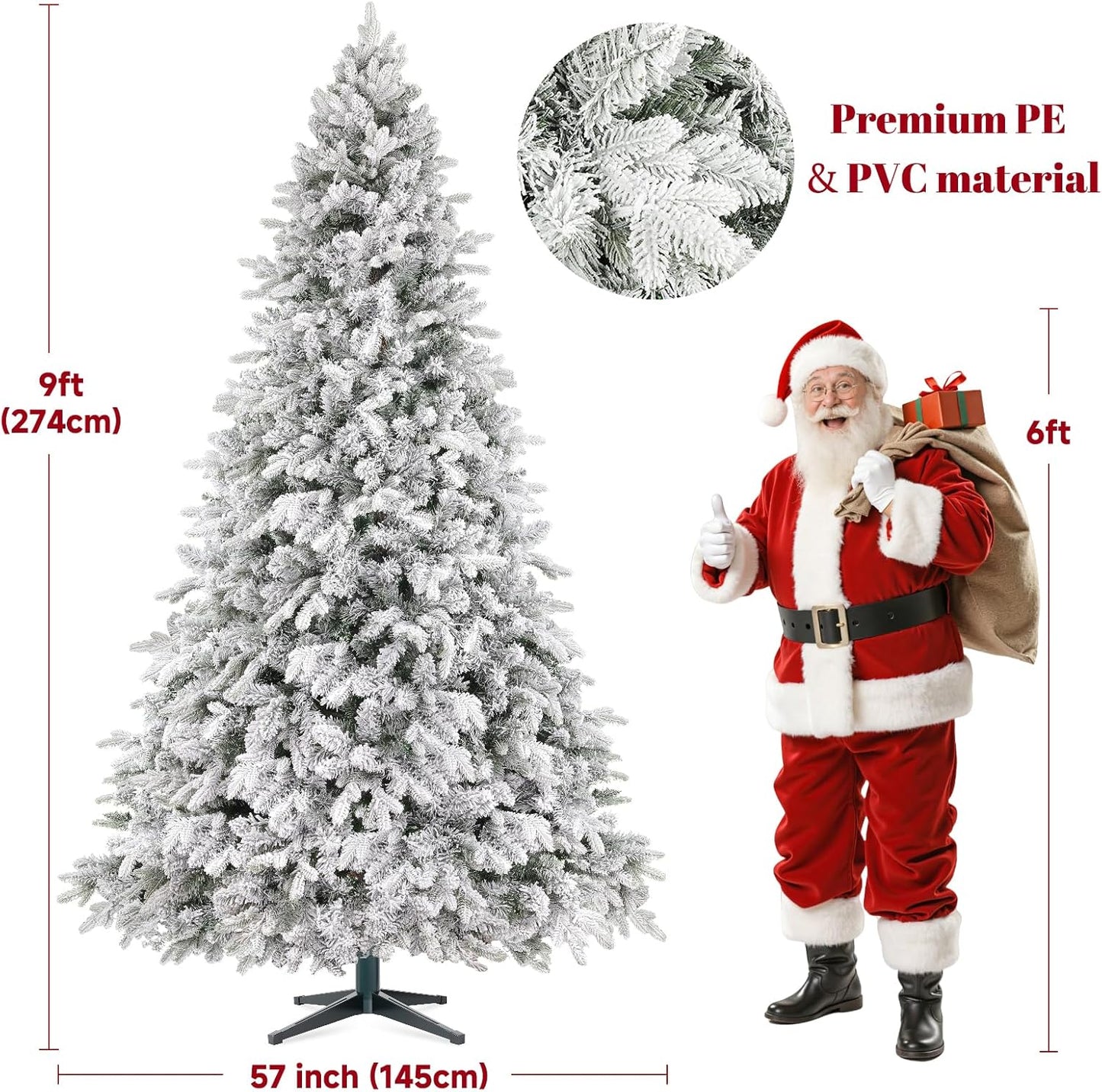 9FT Snow Flocked Pre-Lit Christmas Tree with 360° Rotating Base, 2512 PE/PVC Tips, 600 LED Lights, 8 Modes, Dimmable and Timer Functions, Musical Artificial Xmas Tree for Holiday Decor