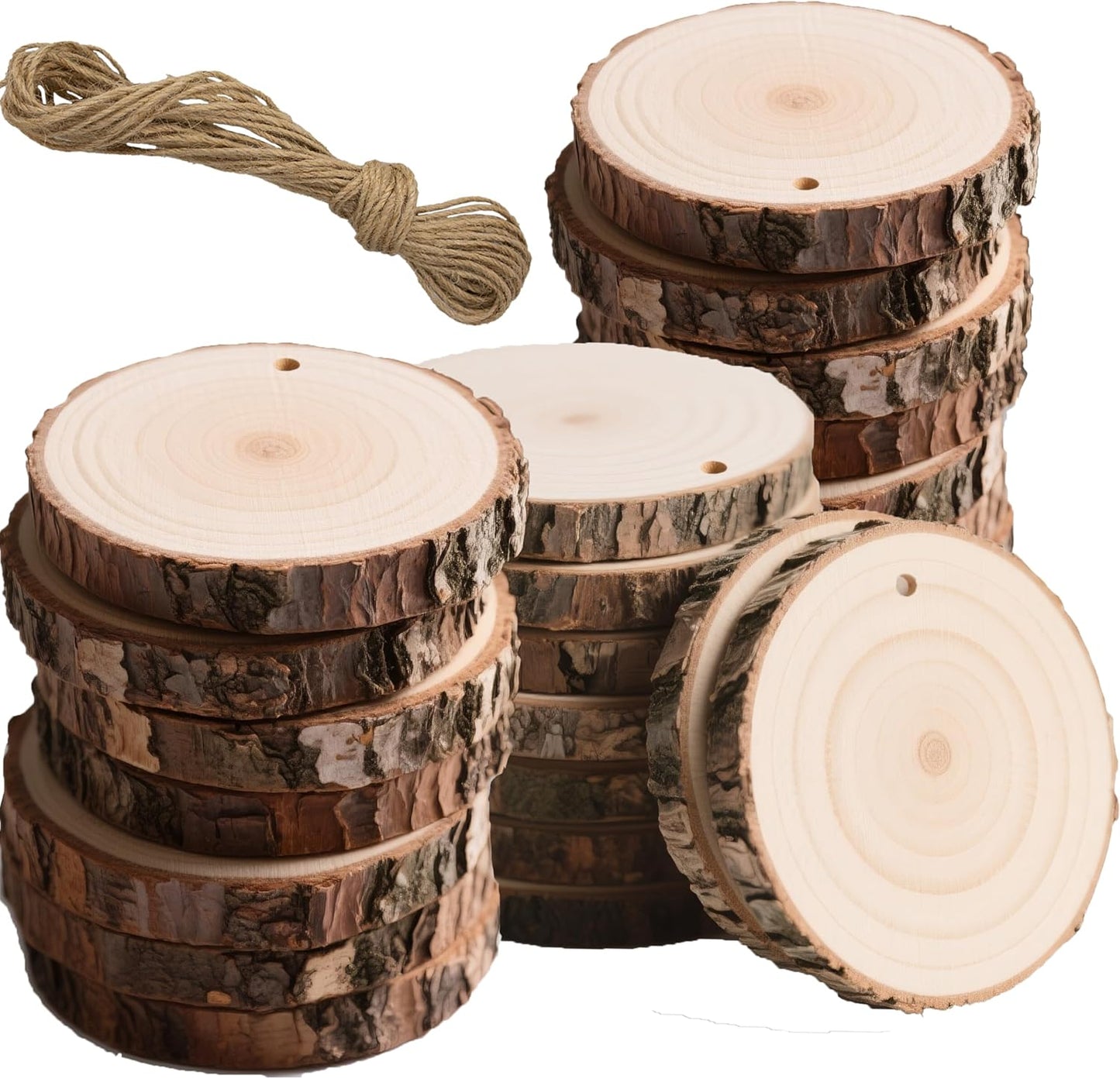 20PCS Pre-Drilled Wood Slices with Holes, 3.2-4 Inch Natural Pine Discs & 8M Hemp Rope, Sanded Smooth DIY Crafts Kit for Christmas Ornaments, Rustic Wedding Decor, Kids Art (30pcs)