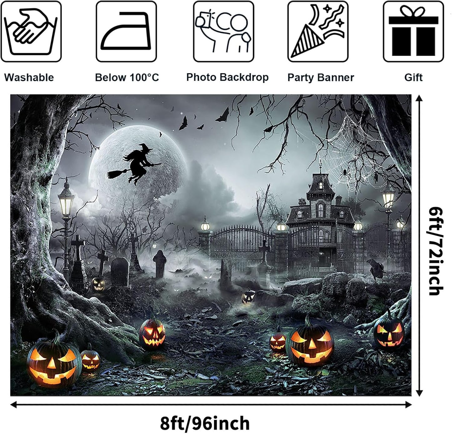 Avezano Halloween Photography Backdrop Full Moon Scary Night Castle Pumpkins Party Background Spooky Witch Bats Cemetery Child Kids Halloween Party Decorations Photoshoot Backdrops (8x6ft, Gray)