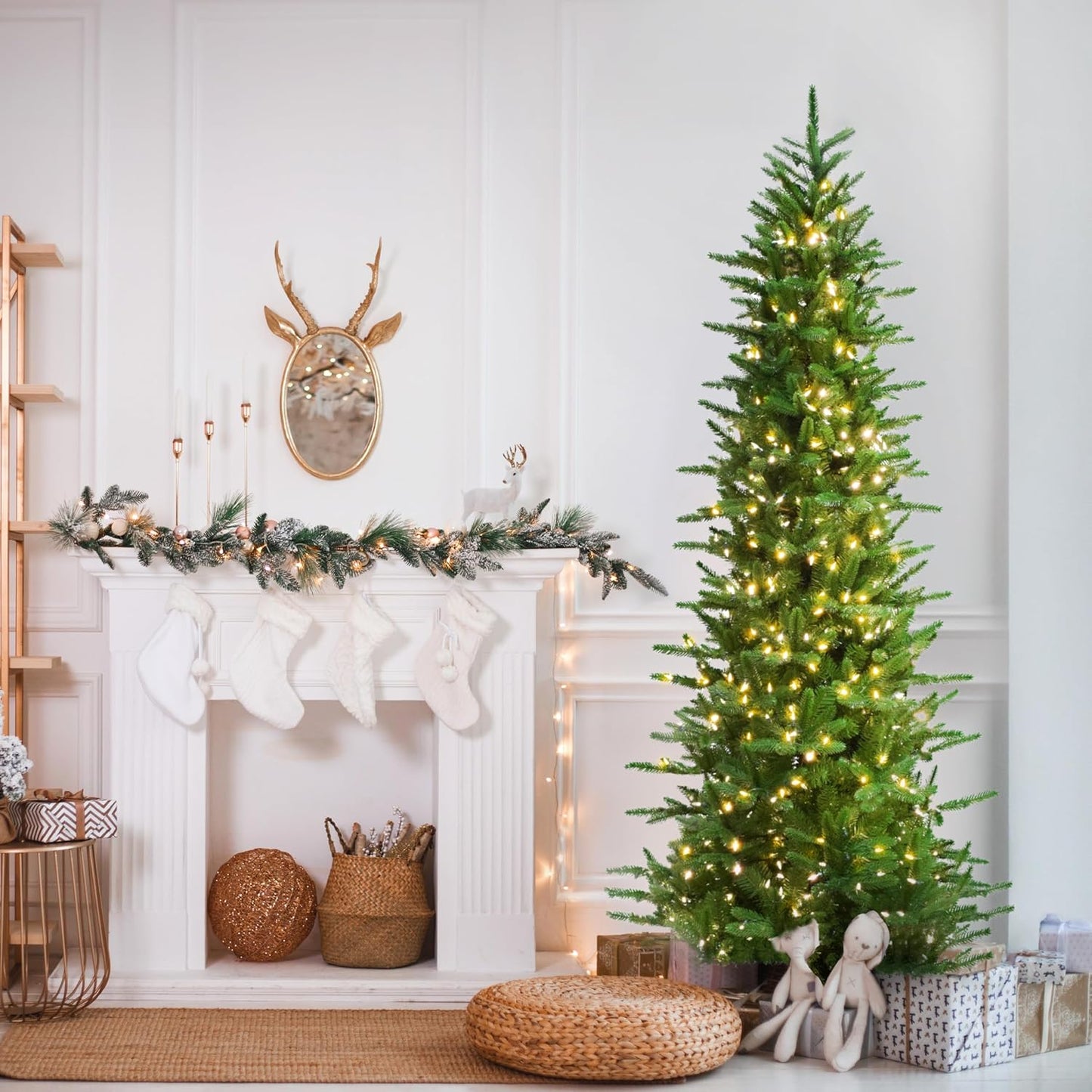 Fraser Hill Farm 9-Ft. Carmel Pine Slim Artificial Christmas Tree with Warm White LED Lights and Stand, Prelit Foldable Fake Tree with Realistic Foliage for Home Decoration