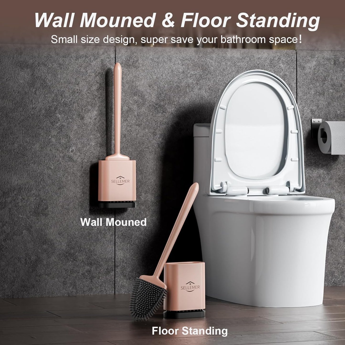 Sellemer Toilet Brush and Holder Set - Flexible Toilet Bowl Brush Head with Silicone Bristles, Compact Size for Storage and Organization, Ventilation Slots Base (1 Pack, Rose Gold)