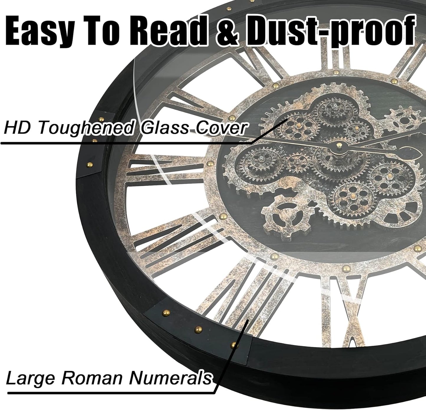 DORBOKER 24" Large Wall Clock with Moving Gears,Oversize Vintage Industrial Rustic Farmhouse Clocks for Living Room Decor Office Home,Solid Wood HD Tempered Glass Cover,Vintage Black