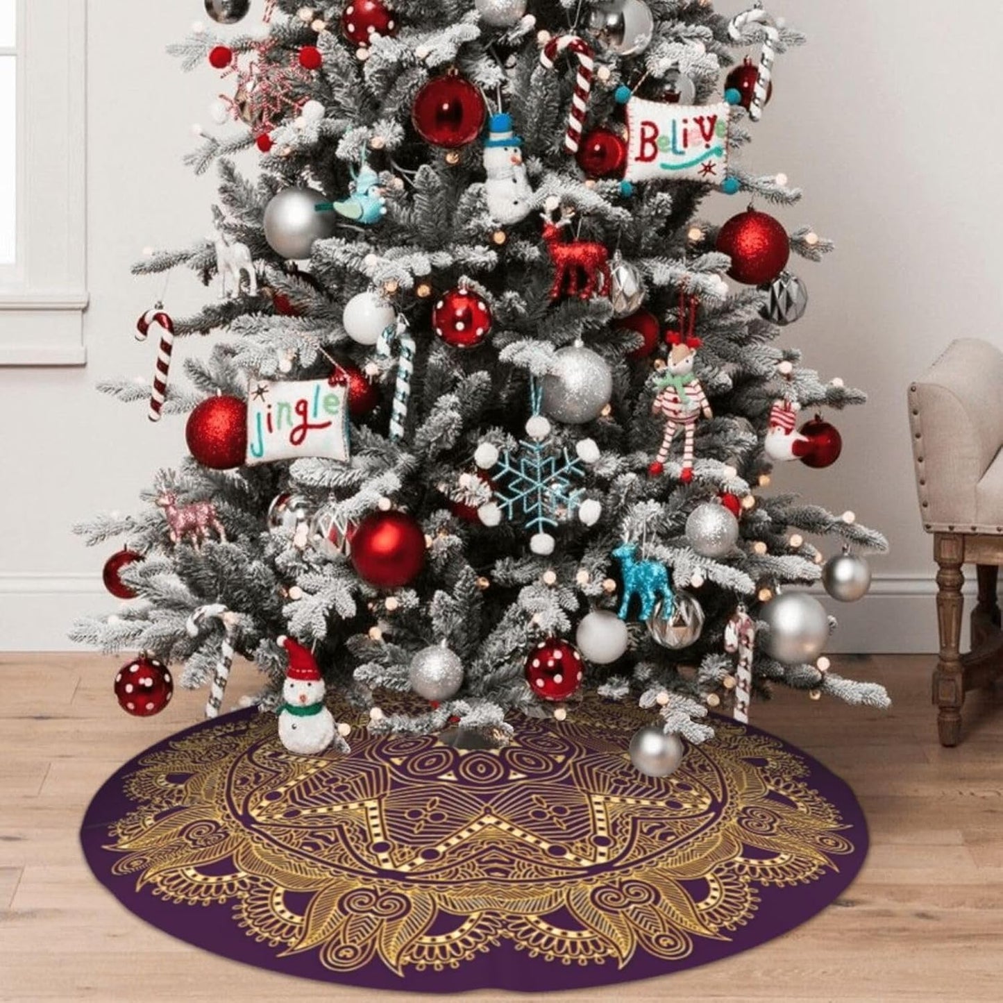 36" Dark Amethyst Purple Mandala Star Christmas Tree Skirt Tree Mat Base Cover for Xmas Festive Holiday Party Decoration Ornaments