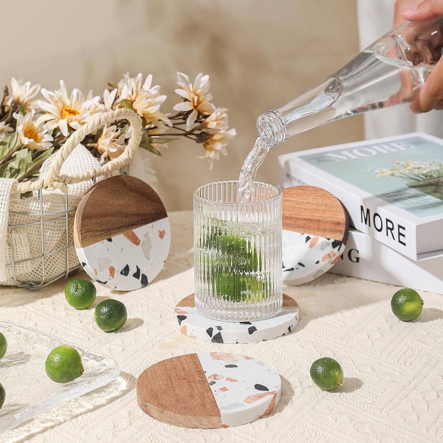 Drink Acacia Wood-Marble Coasters Set of 4,Cup Coaster for Coffee,Beverage,Cute Modern Cool Coasters for Home Decor,Table Desk Coaster Set for Housewarming,Living Room Decor (White-Wooden)