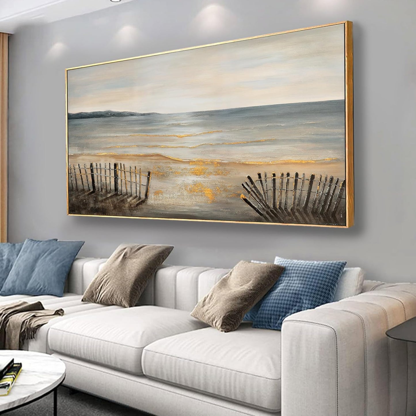 Yuaxker Ocean Wall Art Grey and Black Wall Decor Framed Canvas Painting Beach Aesthetic Artwork for Living Room Bedroom Dining Room Office Home Decor 24x48 Inch