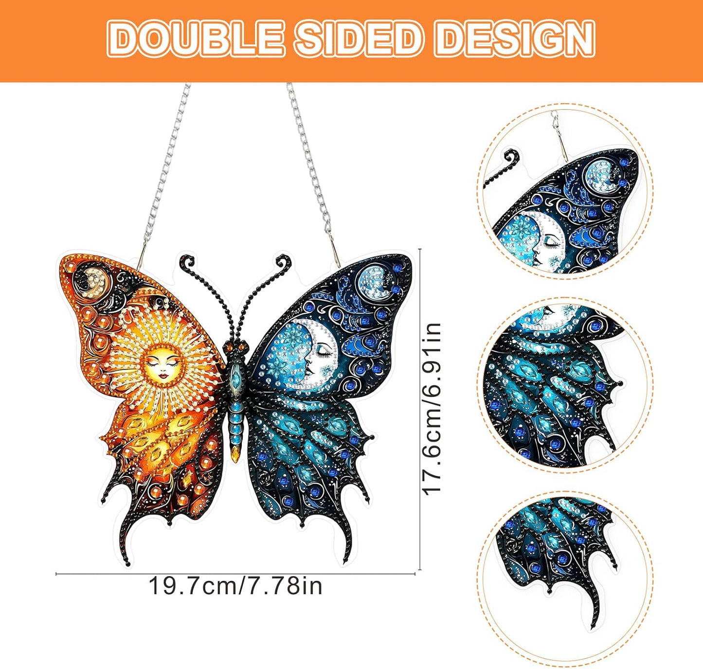 Lxmsja DIY Sun Moon Diamond Painting Hanging Ornament, Double-Sided Acrylic Butterfly Diamond Art Kit, Special Shaped Drill Pendant Window Art Kit, Suncatcher Hanging Craft Decoration 7x8 inch
