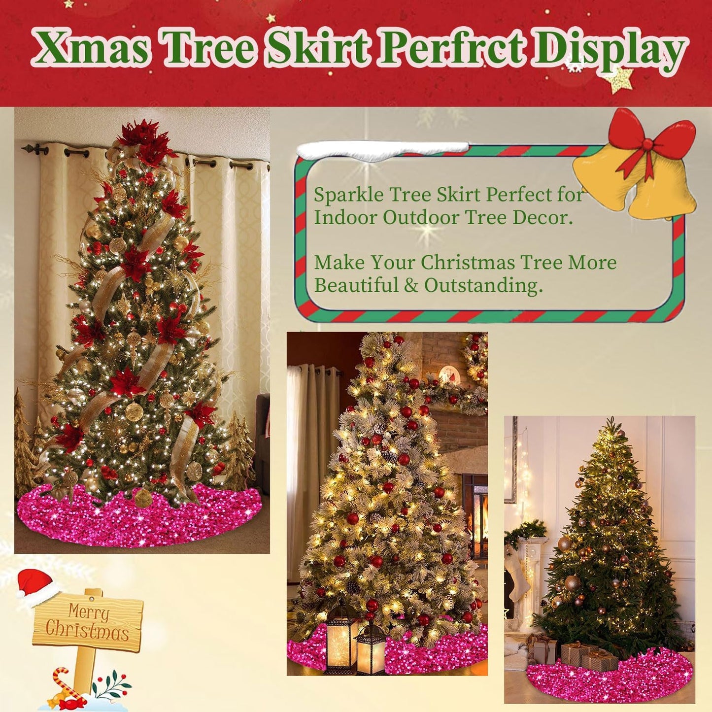 MODFUNS Glitter Christmas Tree Skirt Hot Pink Sparkly Tree Skirt 60 Inch Christmas Tree Mat Large Sequins Xmas Tree Skirt Rustic Shiny Tree Carpet Velvet Tree Cover Skirt for Xmas Celebration Decor