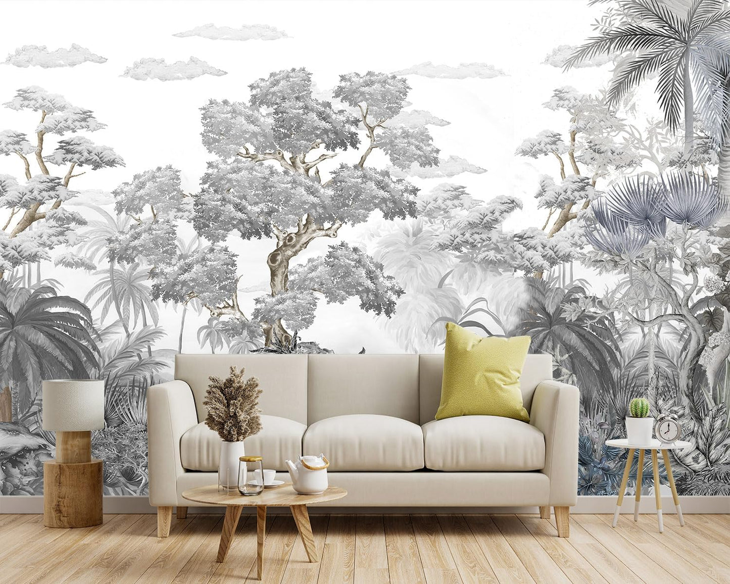 -Tropical Rainforest Botanical Grey Jungle Forest Fabric Wallpaper Living Room Palm Leaf Plant Bedroom Bathroom Large Wall Mural- 183"x120"（ not Peel and Stick）