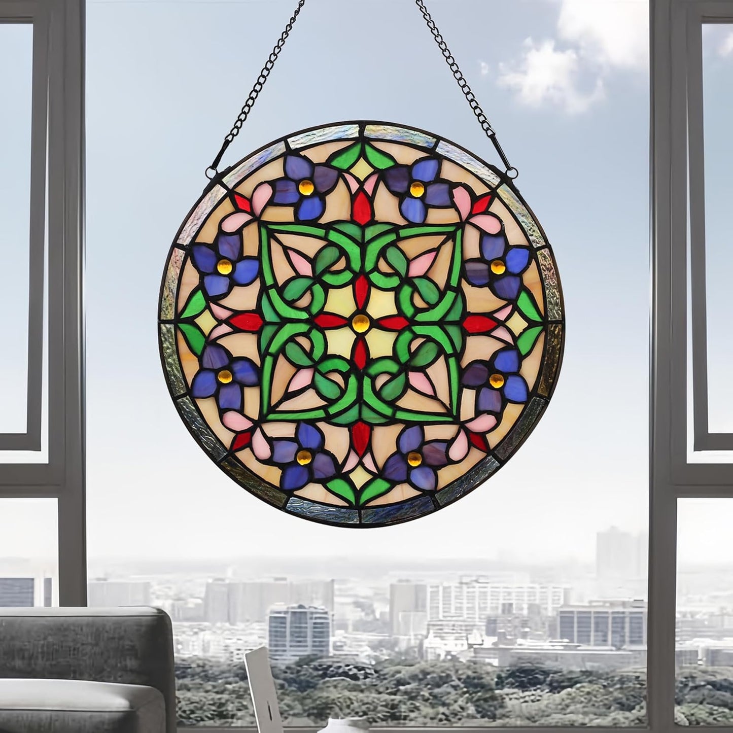 Handcrafted Stained Glass Window Panel - 12-Inch Round Floral Design with Vibrant Colors, Elegant Decorative Hanging Art for Home Décor, Includes 20-Inch Chain & Hook (Green Flower)