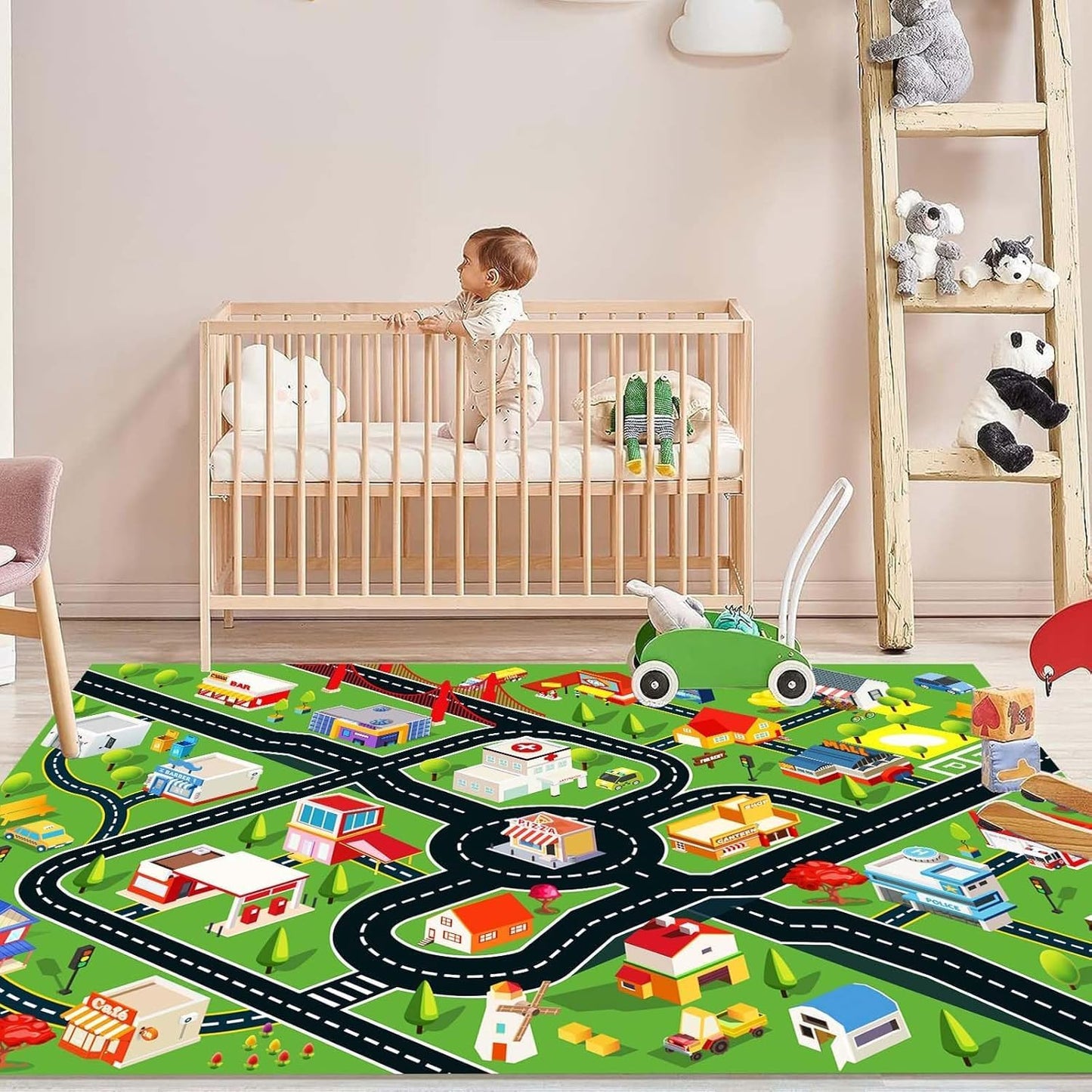 Kids Rug - Car Rugs for Kids Toy Cars Play Mat with Rubber Backing - City Life Road Rug for Fun - City Map for Carpet - Bedroom Boys (RED, 4x6ft)