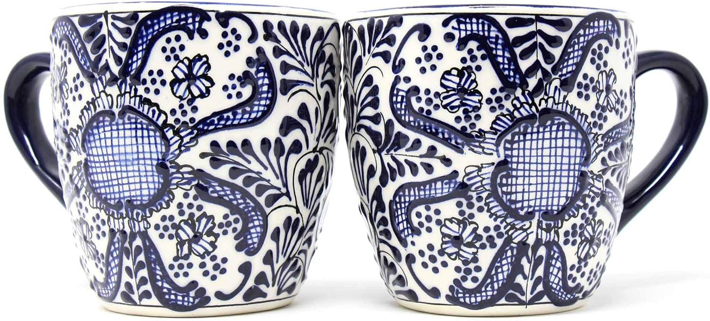 Encantada Handmade Hand-Painted Authentic Mexican Pottery Mugs (Cobalt Blue Flower X2)