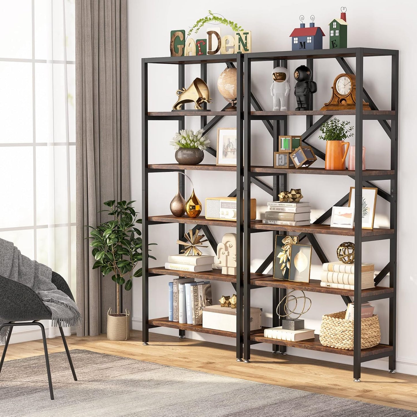 Tribesigns 71 Inch Industrial Bookshelf, 6 Shelf Etagere Bookcase, Free Standing Open Book Shelves Storage Display Shelf, Wood Shelving Units Organizer Rack for Bedroom Home Office Living Room