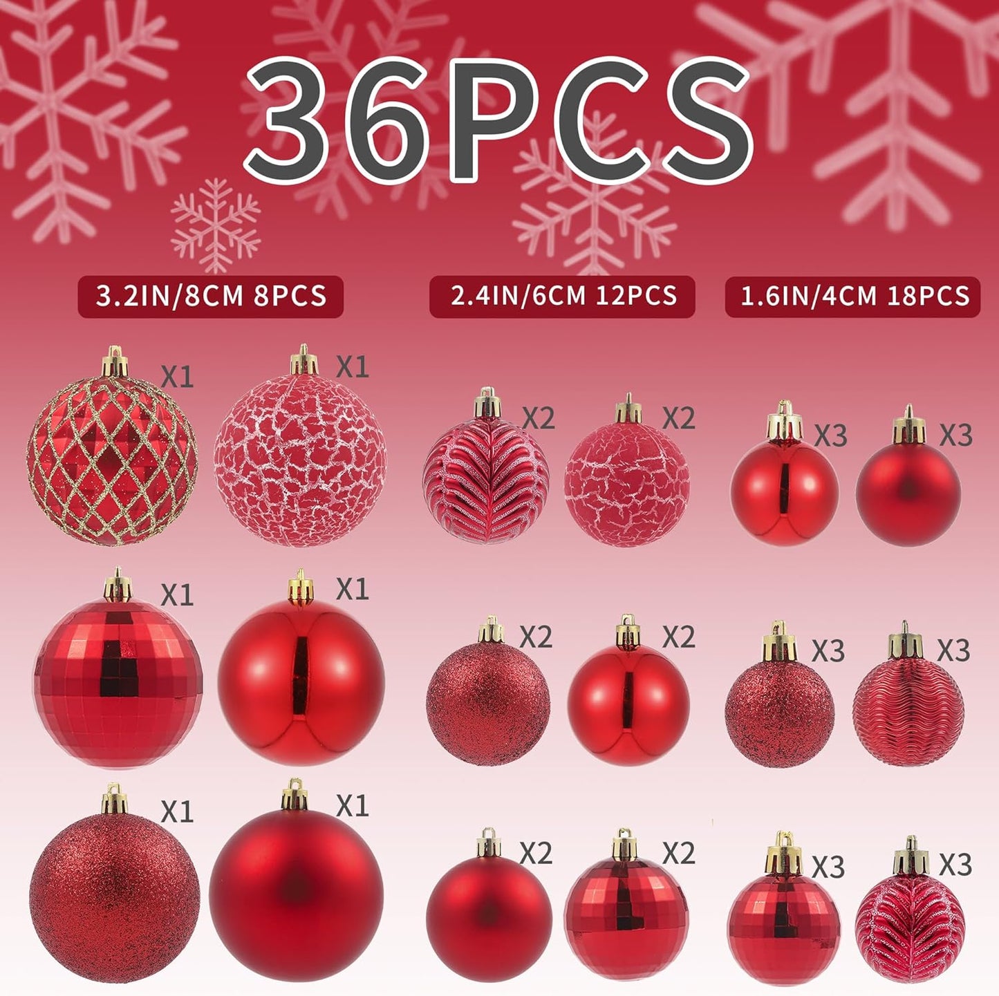 LANGXUN 36pcs Red Christmas Tree Decorations Balls, Bolas De Navidad, 2025 Christmas Decor, Indoor Outdoor Shatterproof Christmas Ornaments, Xmars Party Wedding Suppiles