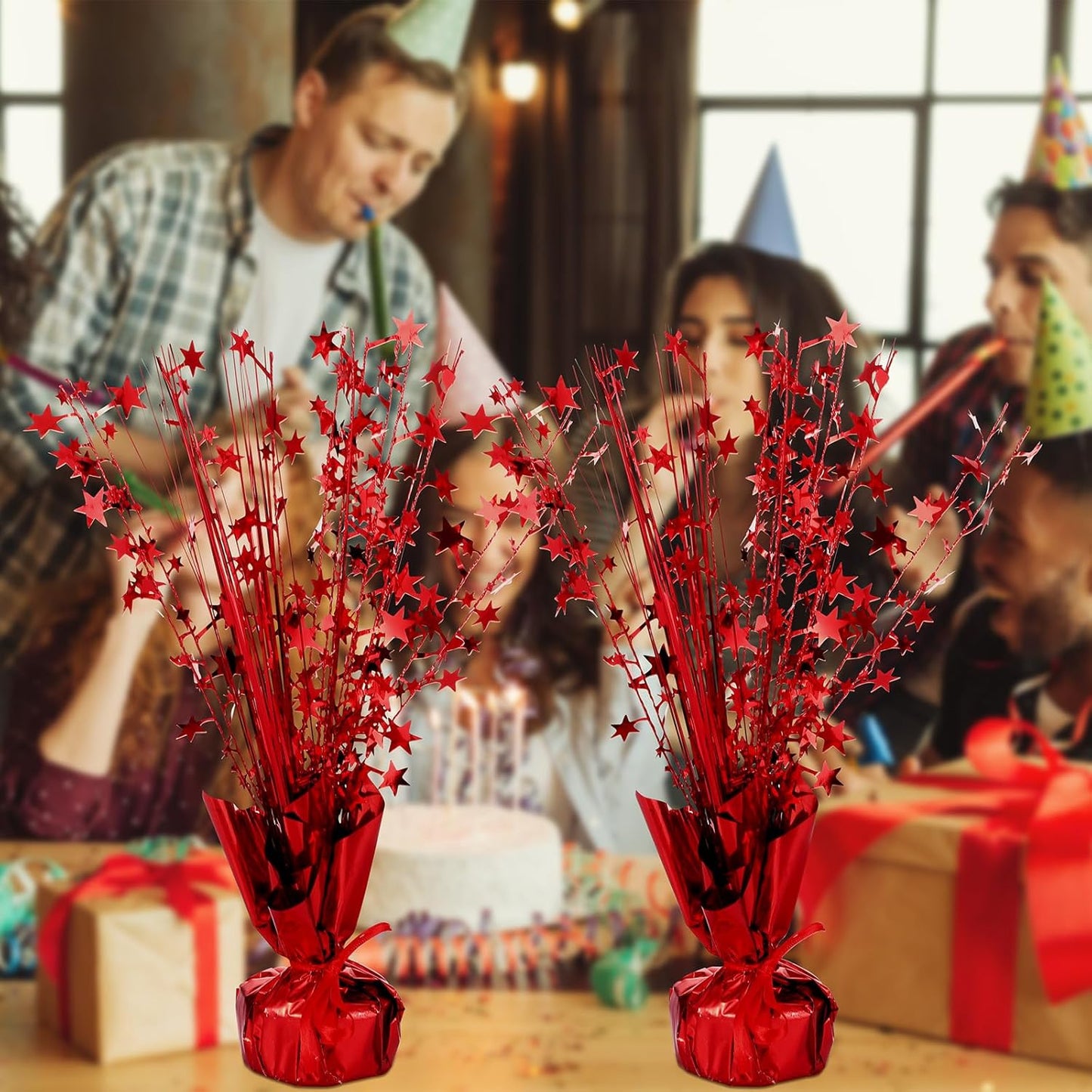 Crowye 18 Pieces Metallic Foil Spray Centerpiece Party Star Table Decoration Burst Metallic Table Centerpieces for Birthday Party Season Holiday(Red)