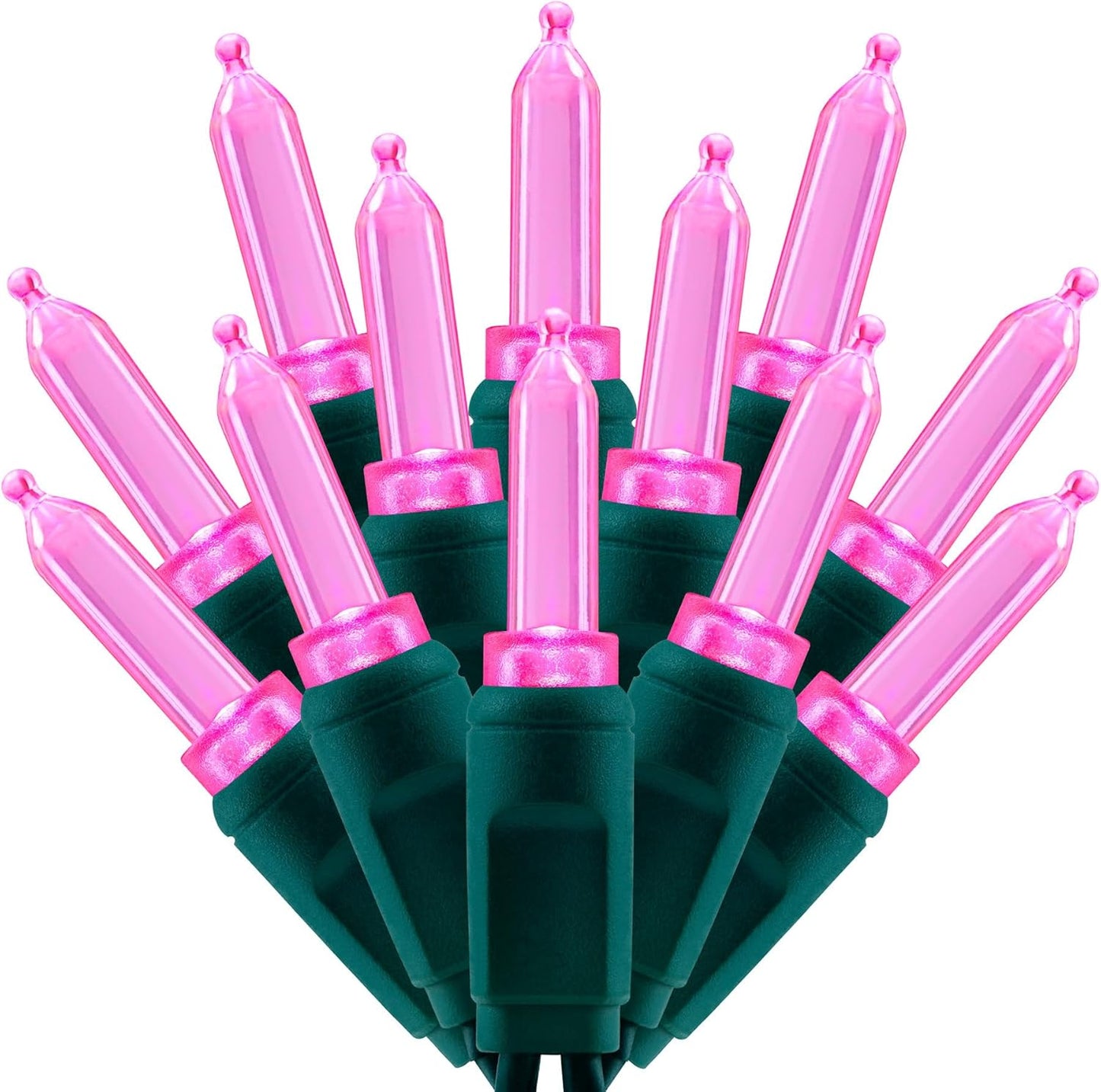 100 Pink One-Piece LED Christmas Lights, 33 ft Green Cord High Waterproof UL Certified T5 Outdoor String Lights (Pink)