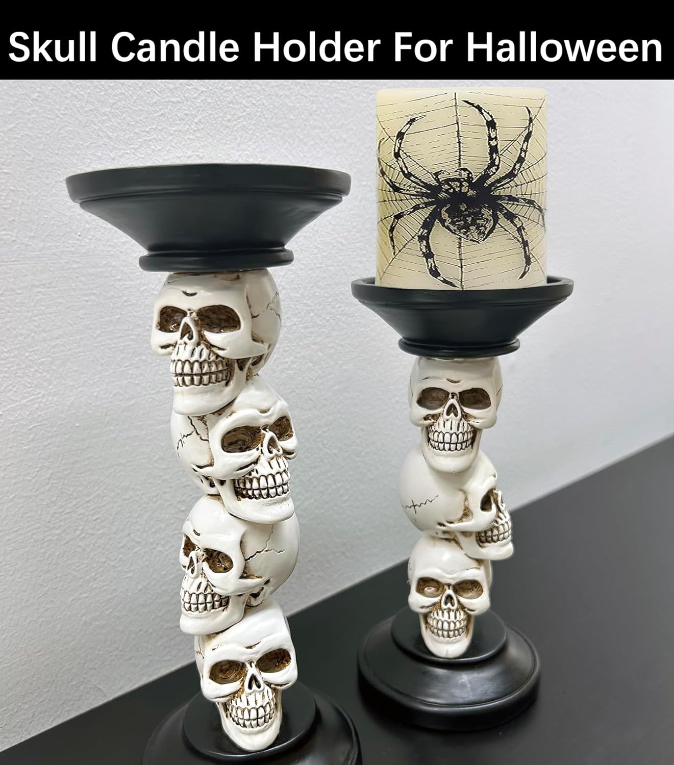 Pillar Candle Holder for Halloween Decoration Indoor, Skull Candlestick Holder, Skeleton Candlestick Holder Spooky Decor Black Taper Candle Holders