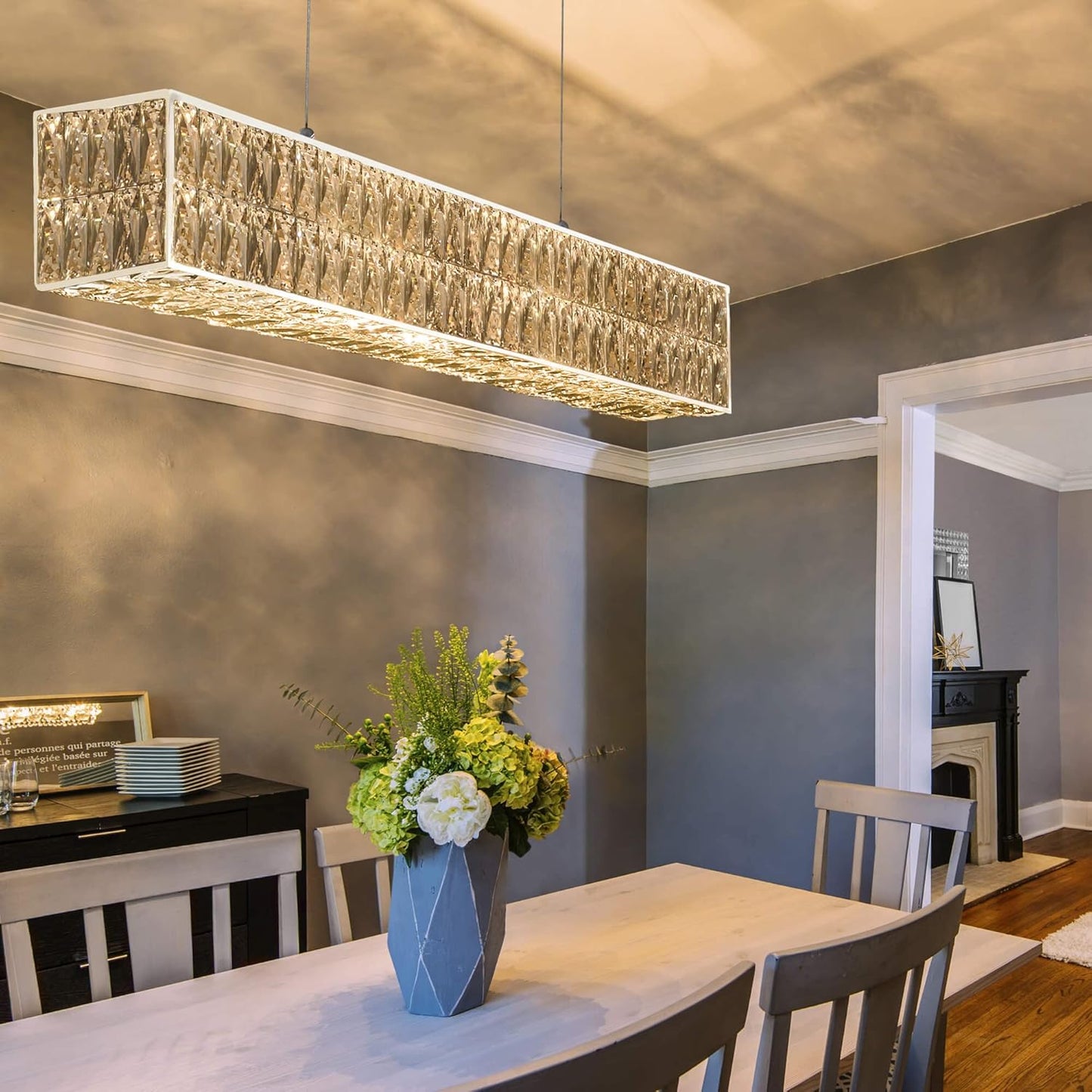 IKK Modern Rectangle Chandelier for Dining Room, Crystal Chandeliers with Stainless Steel in Chrome, Large Rectangular Pendant Light for Kitchen Island L40 x W6.7 x H6.3