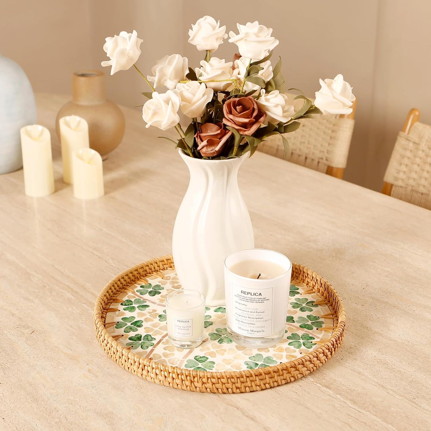 Round Rattan Tray with Mother of Pearl Inlay & Wooden Base - Decorative Wicker Serving Tray for Coffee/Bread/Fruits, Food Storage & Display - Multipurpose Home Decor (M,Four-Leaf Clover)