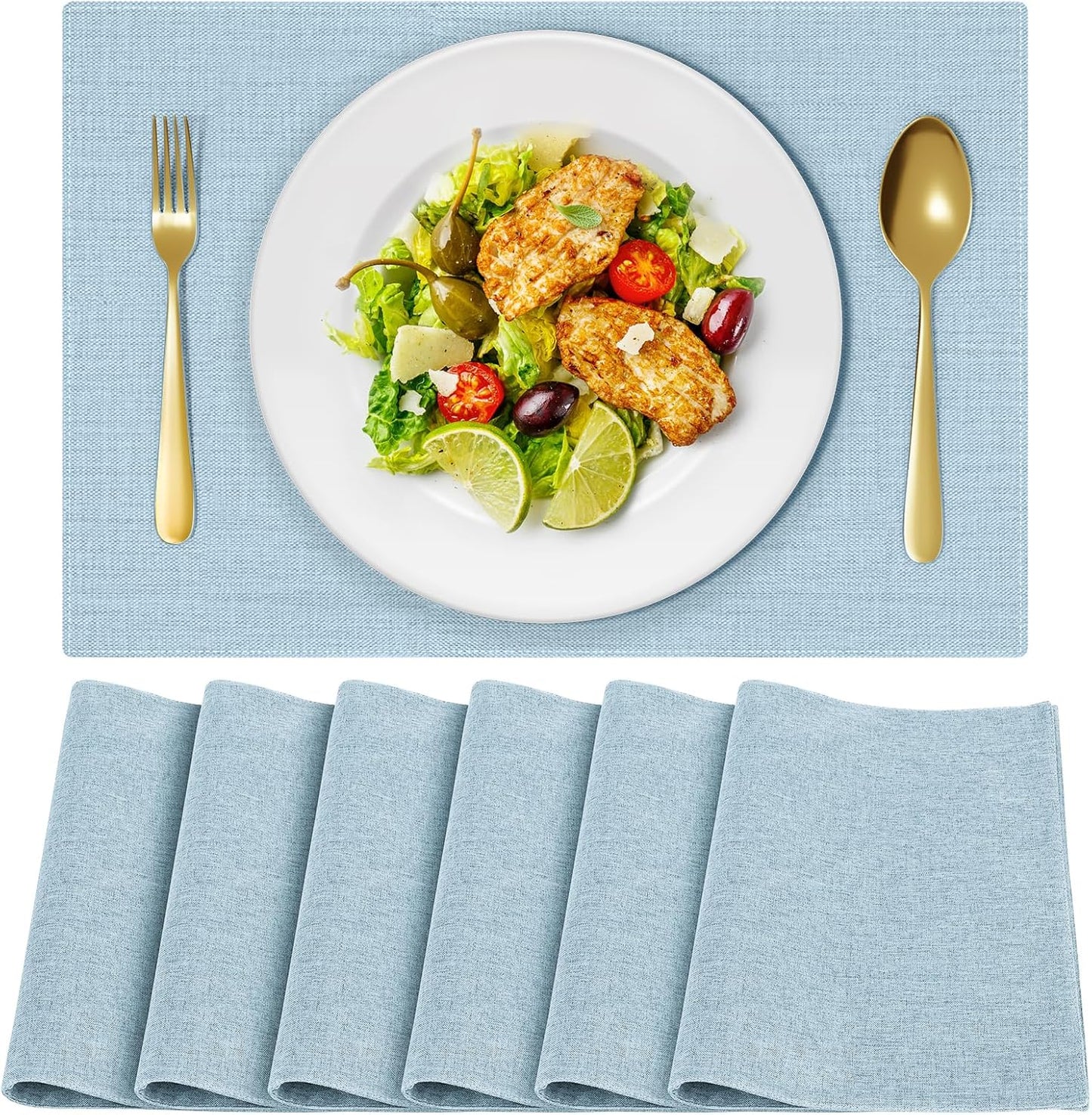 Cloth Placemats, Set of 6 Heat-Resistant Cotton Linen Blend Double Layered Machine Washable Place Mats, Wrinkle Free Thick Fabric Dining Table Mats for Indoors & Outdoors (Sky Blue, 6)