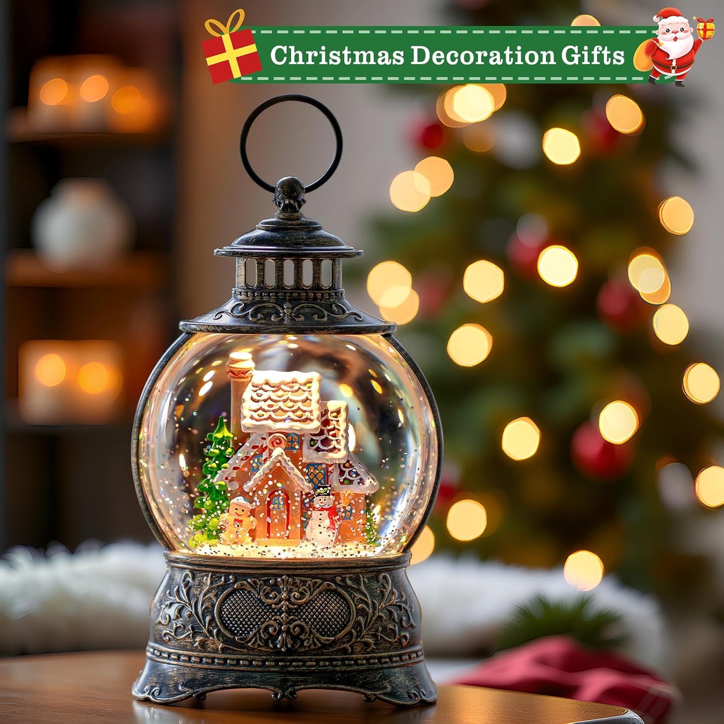 Christmas Snow Globes Christmas Water Lantern with Gingerbread Man & Snowman, Music & 6H Timer, USB Lined/Battery Operated Lighted Lanterns for Xmas Festival Decoration Gifts