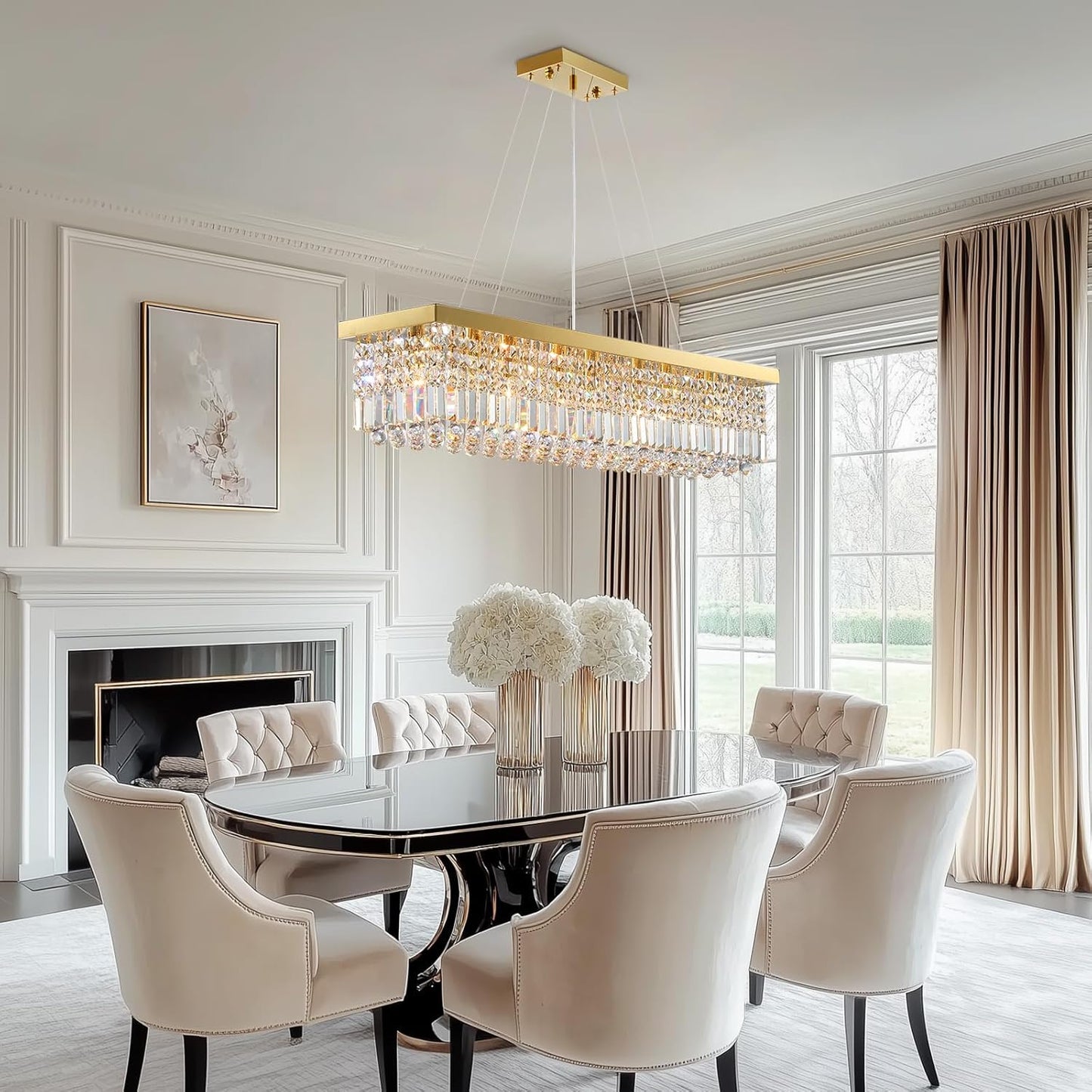 Modern Crystal Chandelier for Dining Room,Gold Luxury Crystal Chandelier,8 Lights Rectangular Rectangle Light Fixture for Living Room Kitchen Island L40''xW10''xH10''