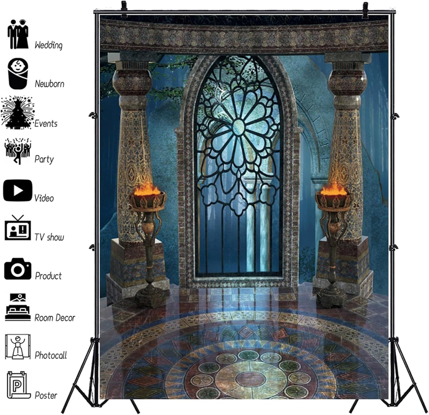 Renaiss 5x7ft Medieval Castle Backdrop for Photoshoot Portrait Pillar Torch Gothic Stone Tower Ancient Old Fortress Interior Photography Background Halloween Party Decor Wallpaper Photo Studio Props