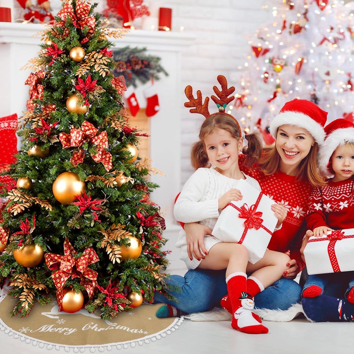 36 Inch Christmas Tree Skirt, Burlap Linen Color Christmas Rustic Tree Skirt with Elk Deer and White Snowflake Printed for Holiday Party Xmas Tree Decoration