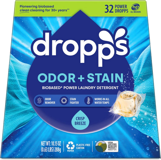 Dropps Odor & Stain Biobased Power Laundry Detergent Pods, Crisp Breeze (32 Pods) - HE Compatible Laundry Pods for Fresh Clothes - Laundry Soap Supplies & Recyclable Paperboard Packaging