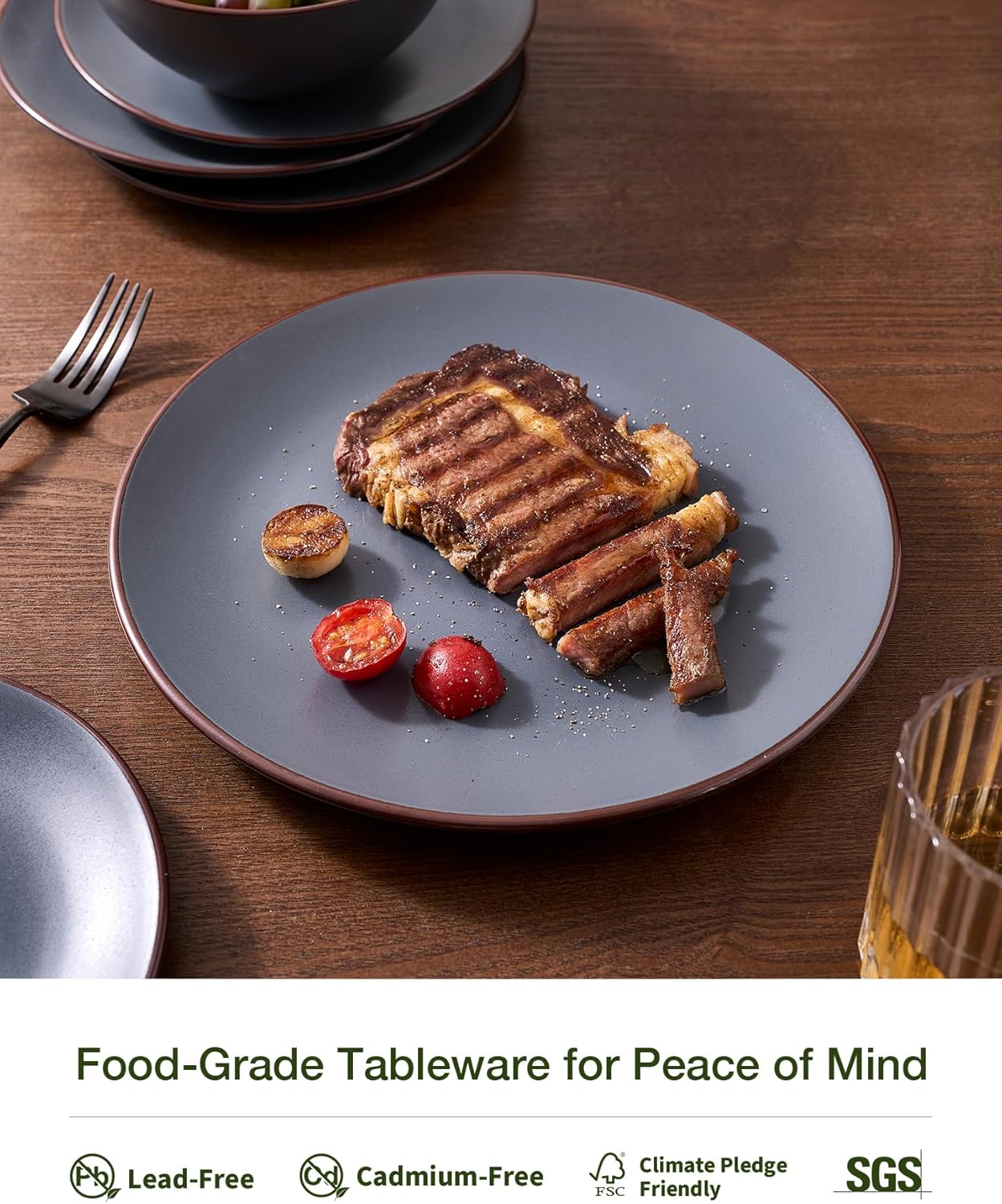 Famiware Venus Plates and Bowls Sets, 12 Pieces Stoneware Speckled Dinnerware Sets, Dishes Set for 4, Microwave and Dishwasher Safe, Matte Charcoal