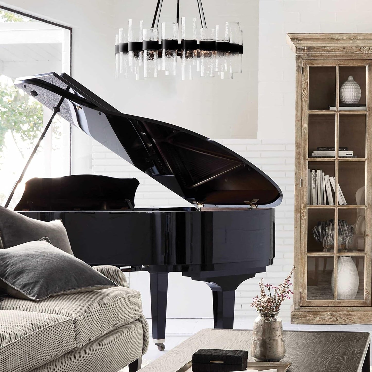 Round Black Glass Wagon Wheel Chandelier, Chandelier with Water Ripple Textured Recycled Clear Glass Piece, Modern Industrial Pendant Light with Metal Frame, Lighting Fixture for Living Room, Foyer