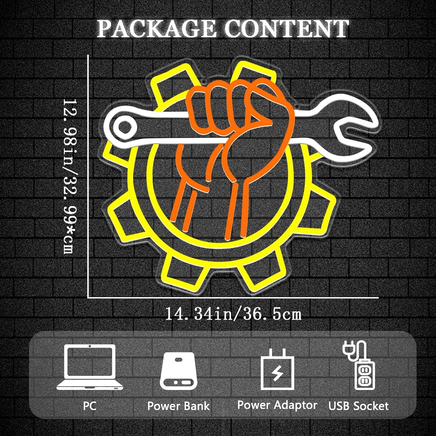 Wrench Neon Sign for Wall Decor – USB Powered LED Garage Sign with Dimmer, Car Room Accent Light, Auto Repair Workshop Wall Lamp, Man Cave Neon Decor, Gift for Dad or Car Enthusiast 13"x14.3"